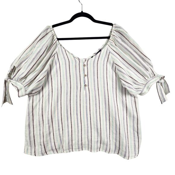 Zac & Rachel Linen Blend Peasant Blouse Women ‘s SZ L Cream Multicolor Striped - Picture 1 of 14